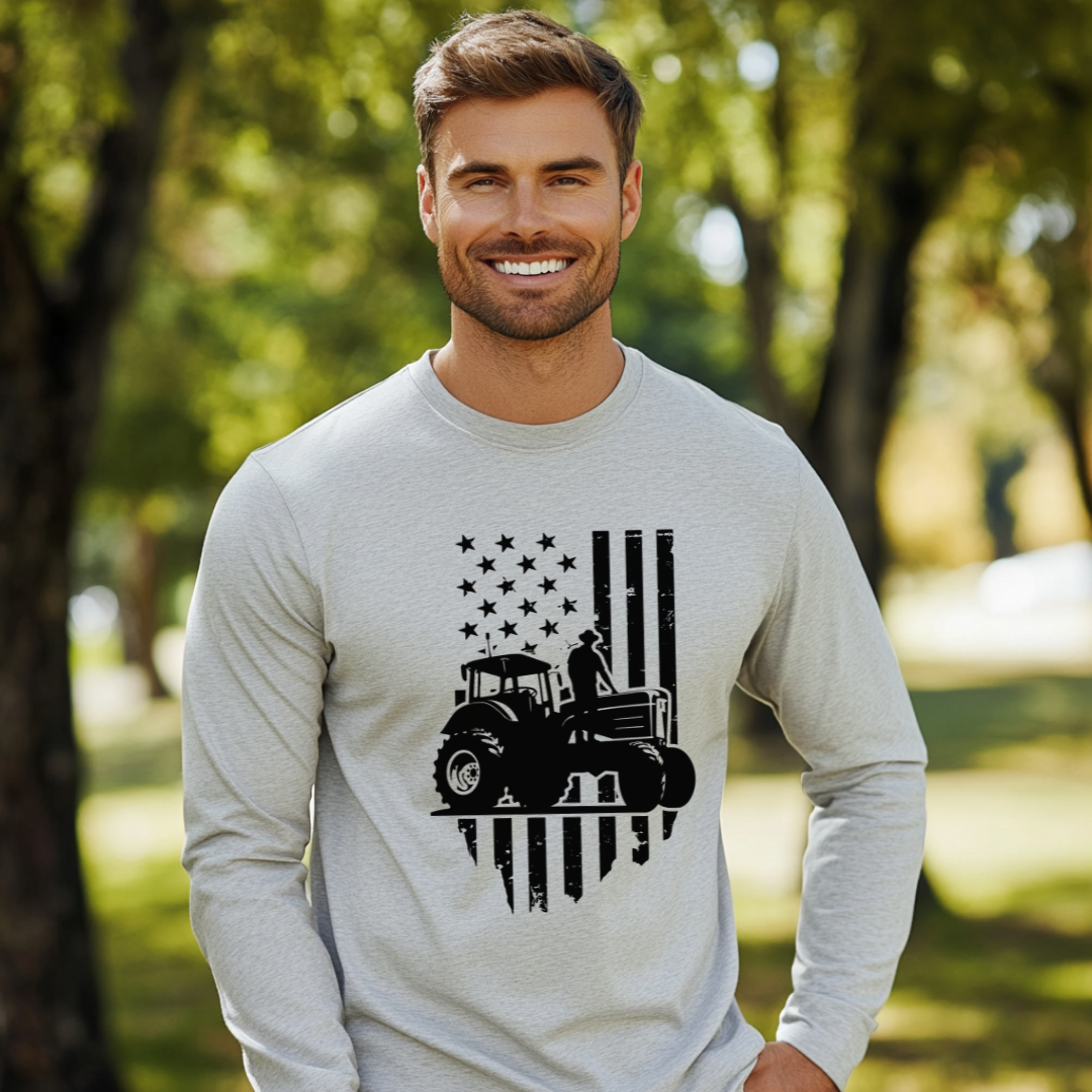 USA Tractor, Distressed Flag Long Sleeve Tee | Farmer Gift