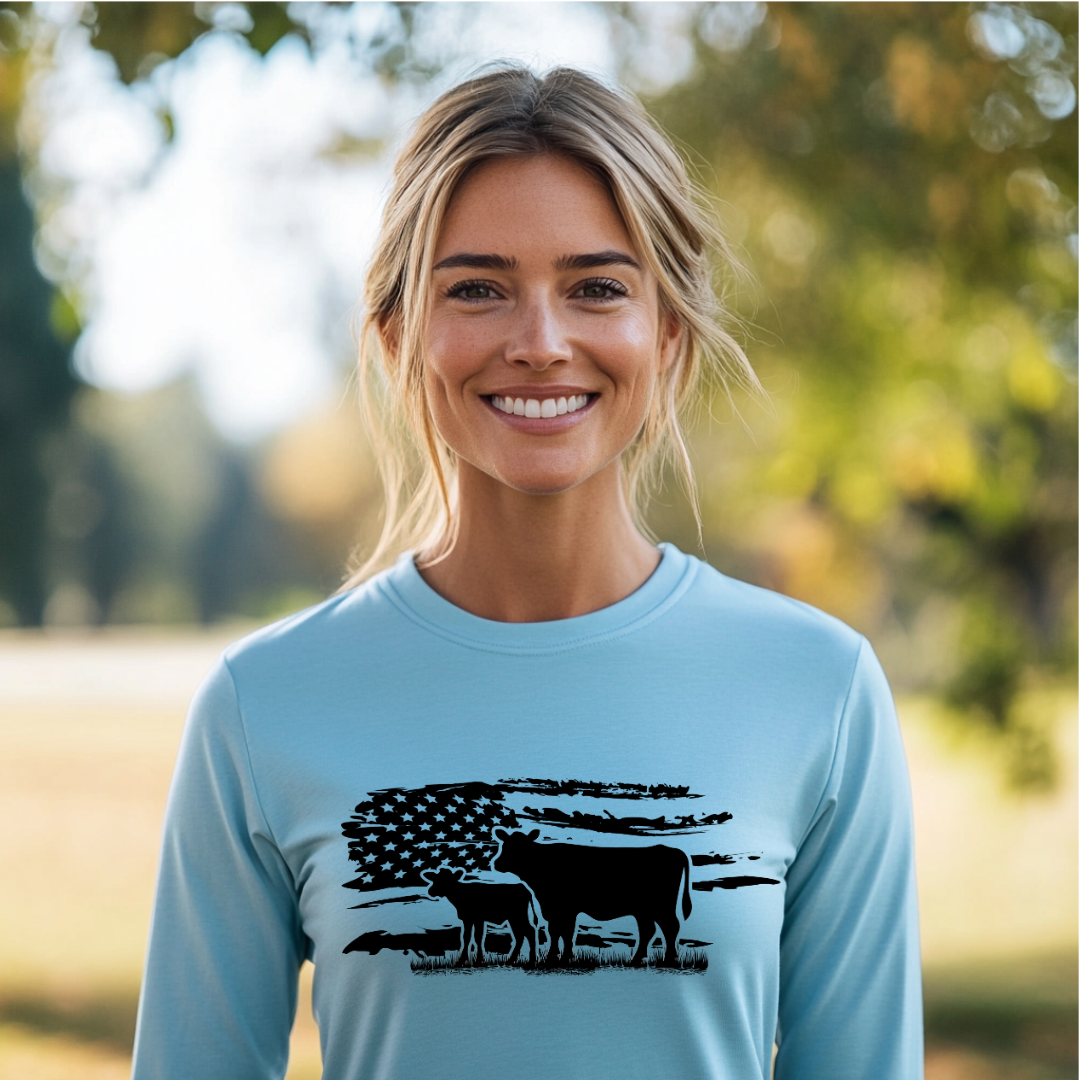 USA Cow Distressed Flag Long Sleeve Tee