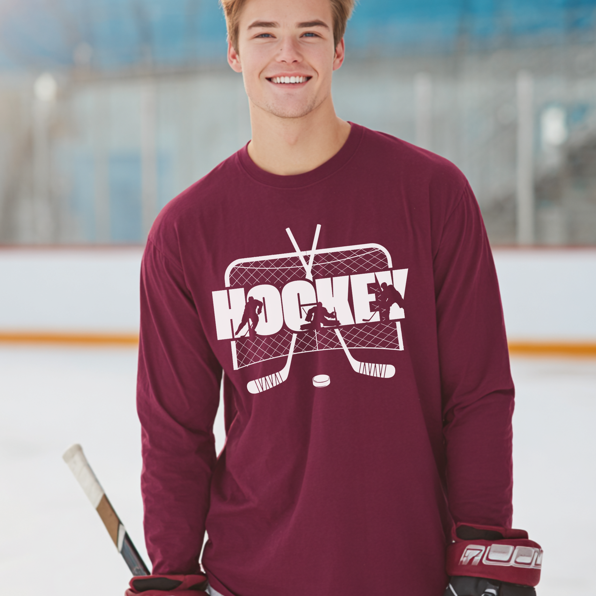 Person wearing a maroon 'Hockey' shirt on an ice rink
