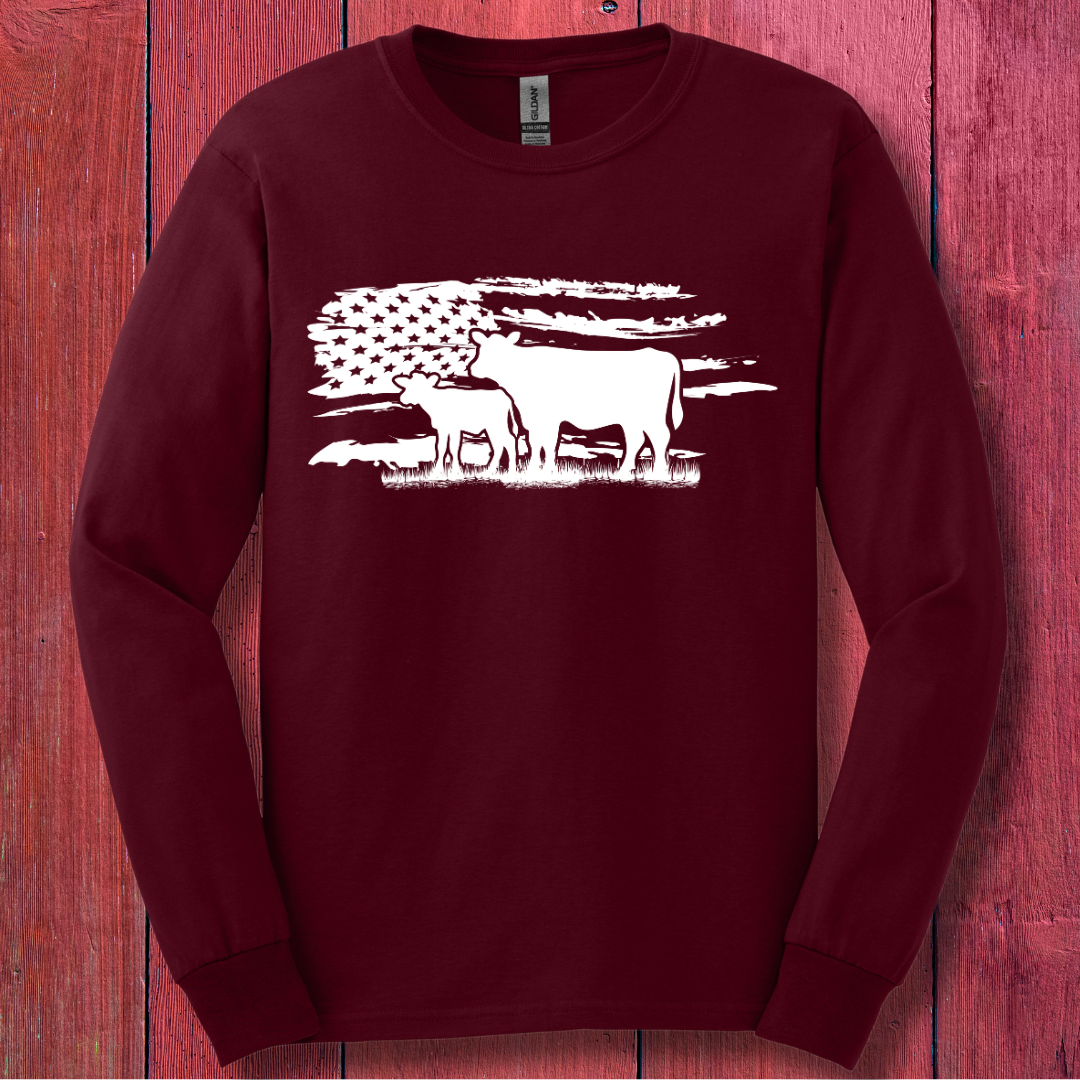 USA Cow Distressed Flag Long Sleeve Tee | Farmer Gift