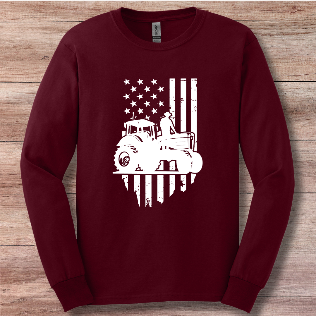 USA Tractor, Distressed Flag Long Sleeve Tee | Farmer Gift