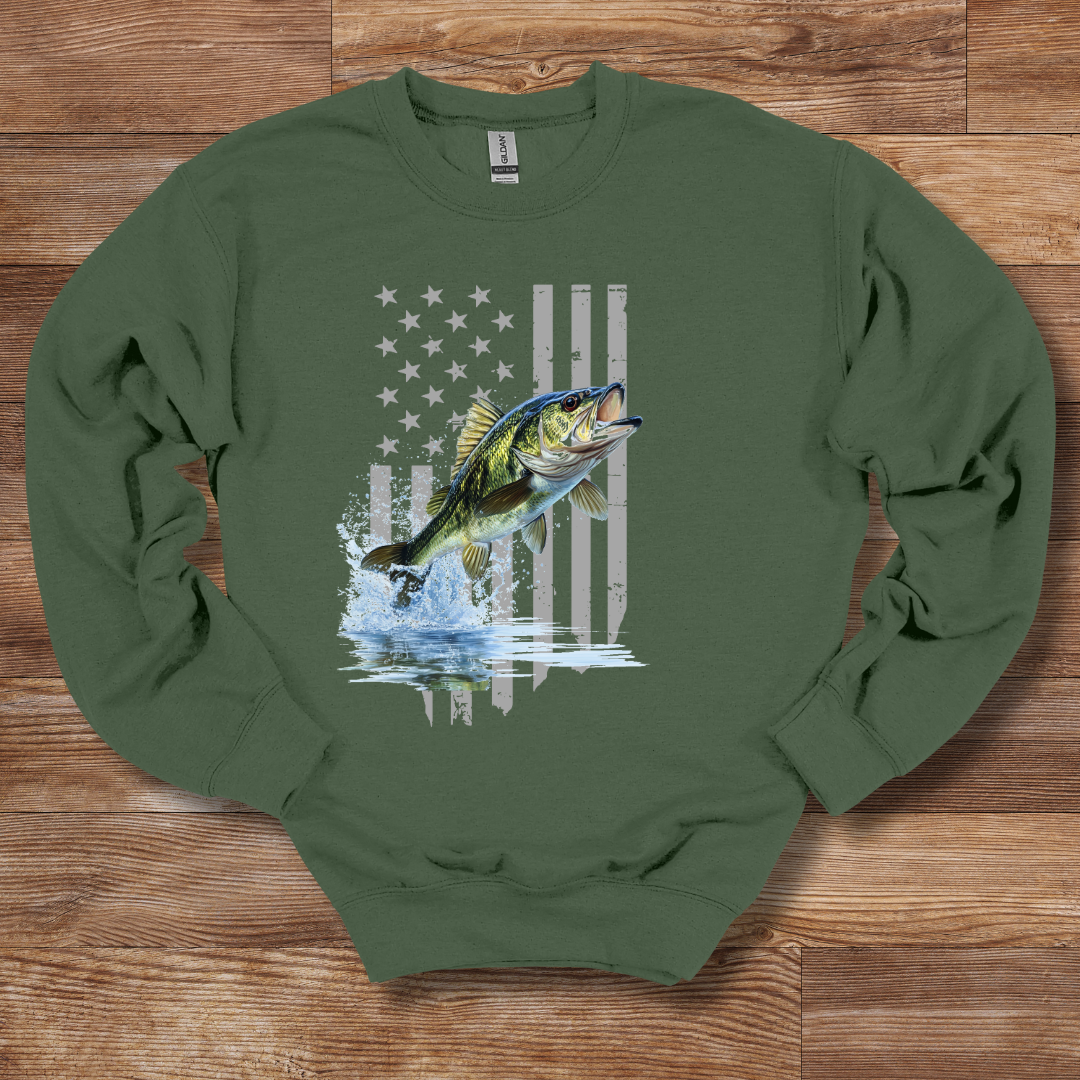 Largemouth Bass with Distressed Flag Sweatshirt | Fishing Shirt