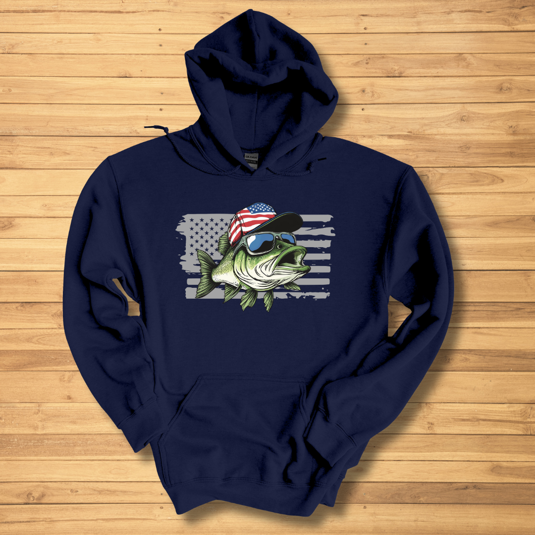 Patriotic Bass Long-Sleeve Hoodie | Funny Fishing Shirts