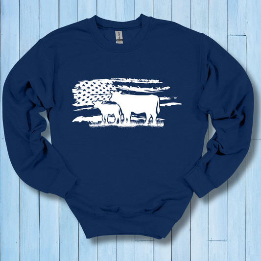 USA Cow Distressed Flag Sweatshirt | Farmer Gift
