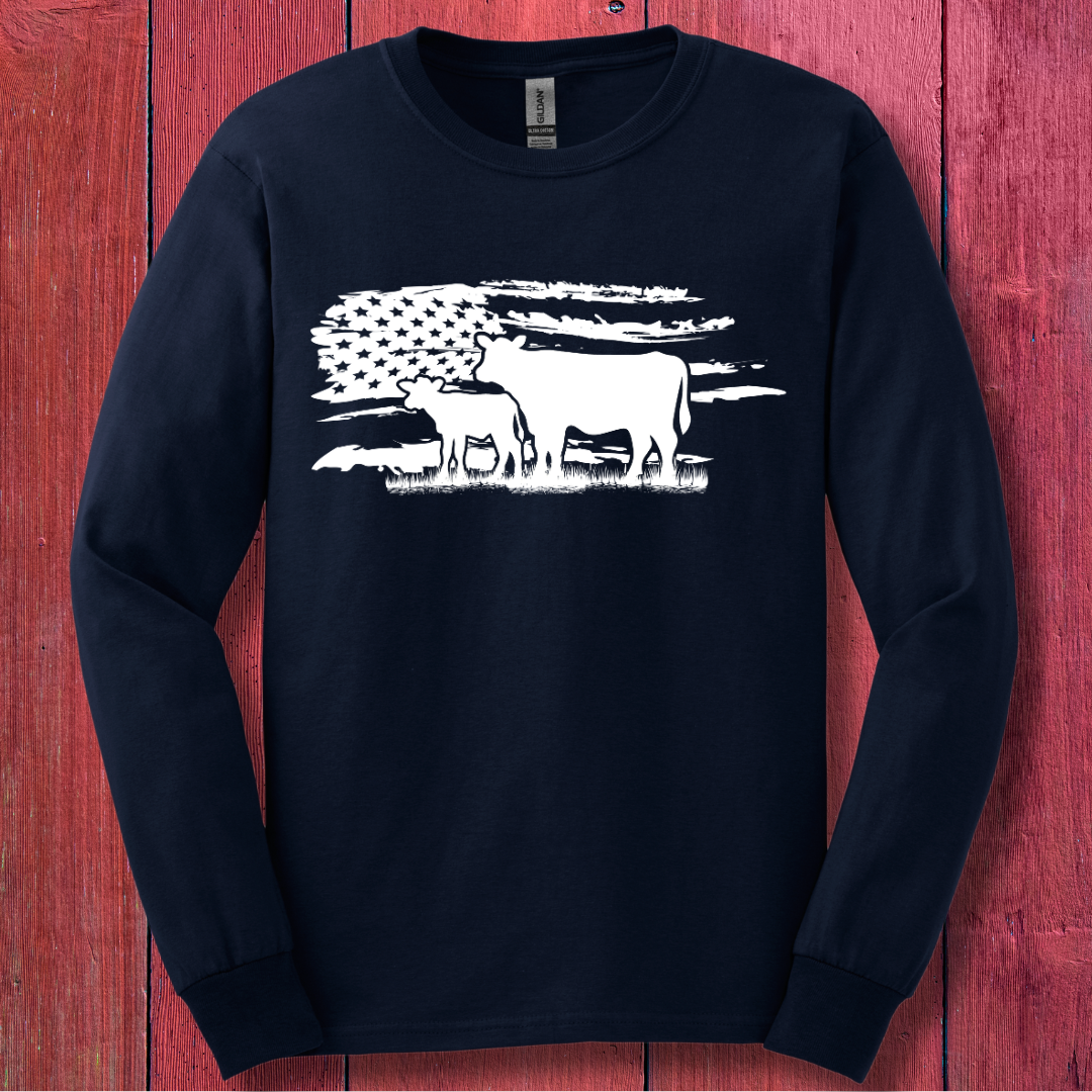 USA Cow Distressed Flag Long Sleeve Tee