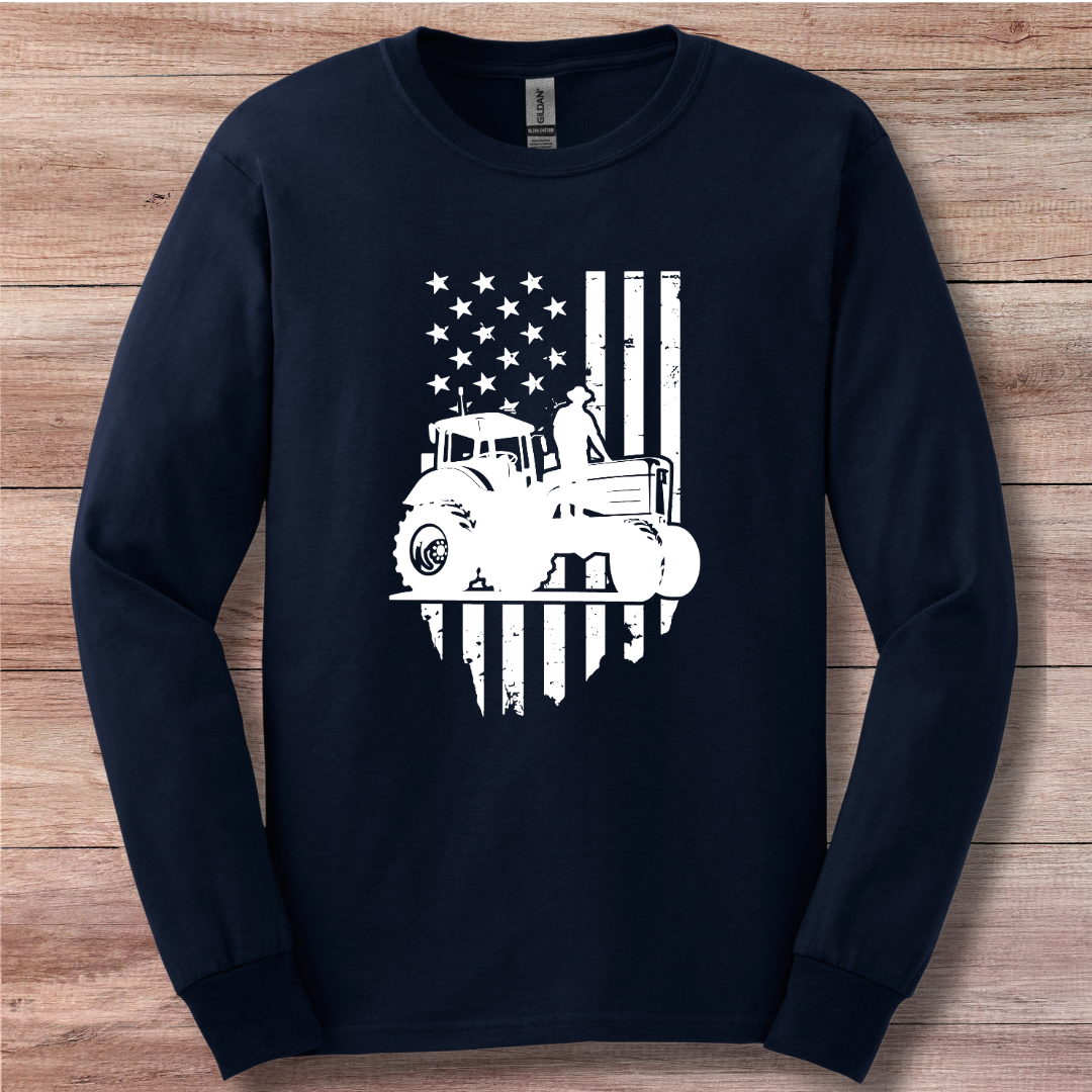 USA Tractor, Distressed Flag Long Sleeve Tee | Farmer Gift