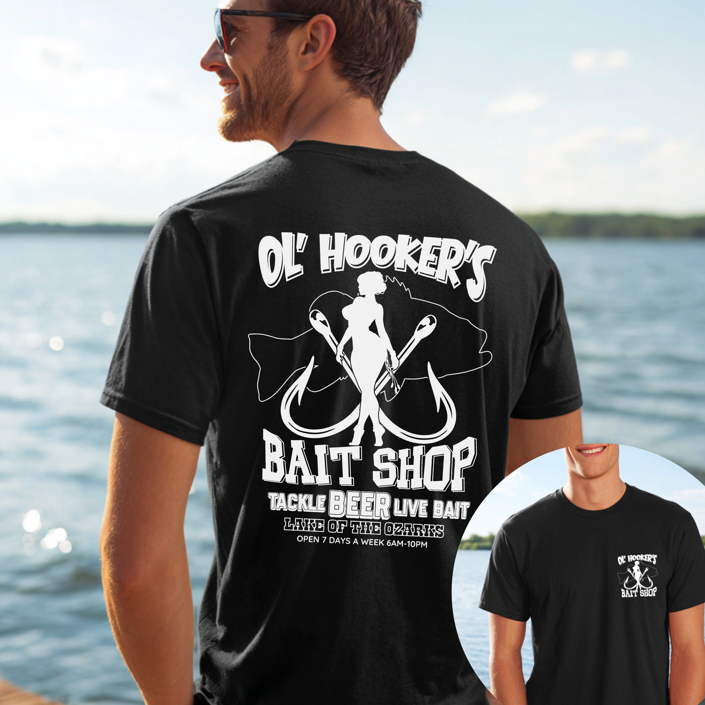 Man wearing a black t-shirt with 'Ol' Hooker's Bait Shop' design by a body of water.