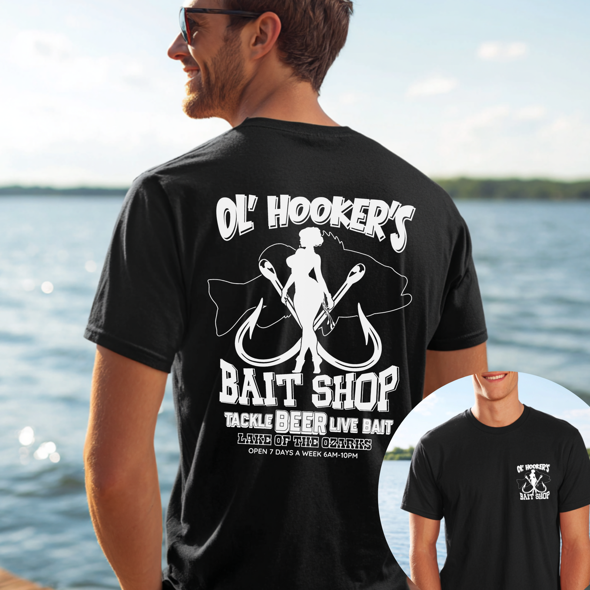 Man wearing a black t-shirt with 'Ol' Hooker's Bait Shop' design by a body of water.