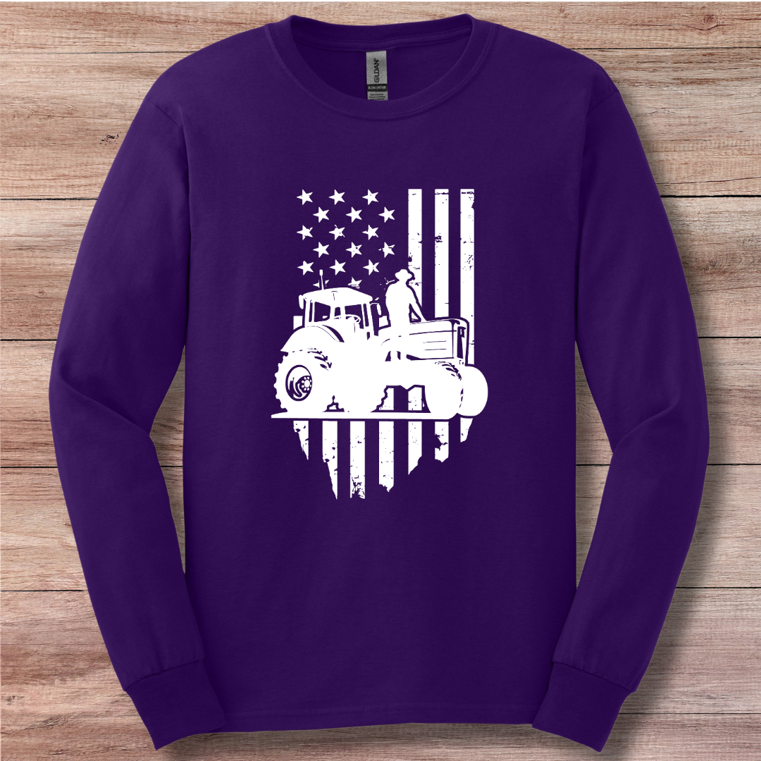 USA Tractor, Distressed Flag Long Sleeve Tee | Farmer Gift