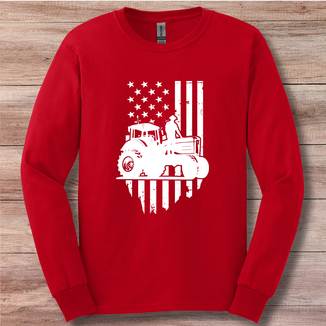 USA Tractor, Distressed Flag Long Sleeve Tee | Farmer Gift