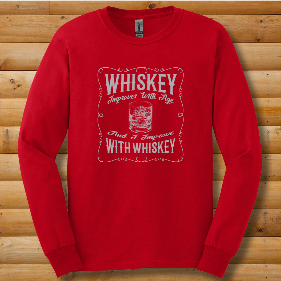 Whiskey Improves With Age Long Sleeve Tee | Whiskey Drinker Shirt