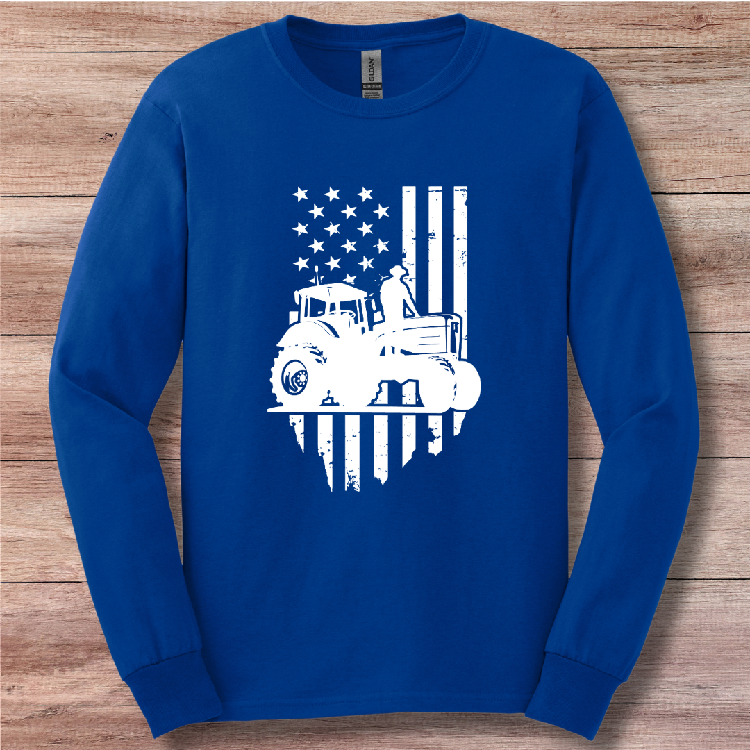 USA Tractor, Distressed Flag Long Sleeve Tee | Farmer Gift