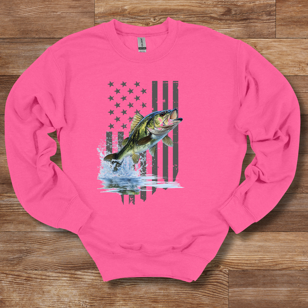 Largemouth Bass with Distressed Flag Sweatshirt | Fishing Shirt