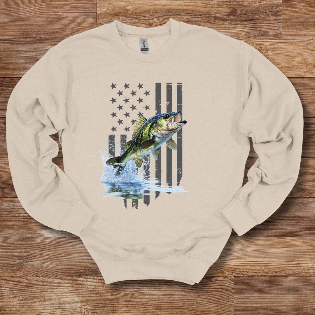 Largemouth Bass with Distressed Flag Sweatshirt | Fishing Shirt
