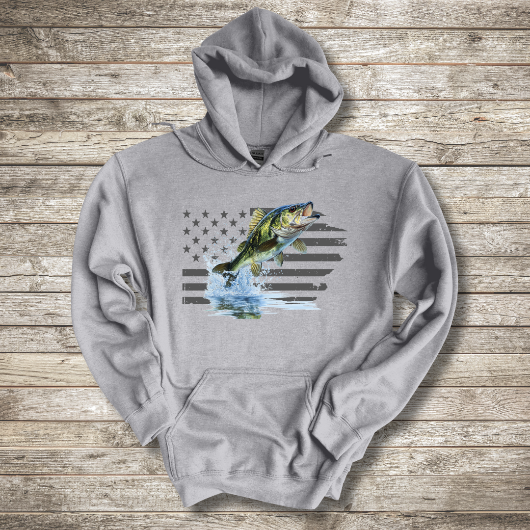 Largemouth Bass with Distressed Flag Hoodie | Fishing Gifts for Men