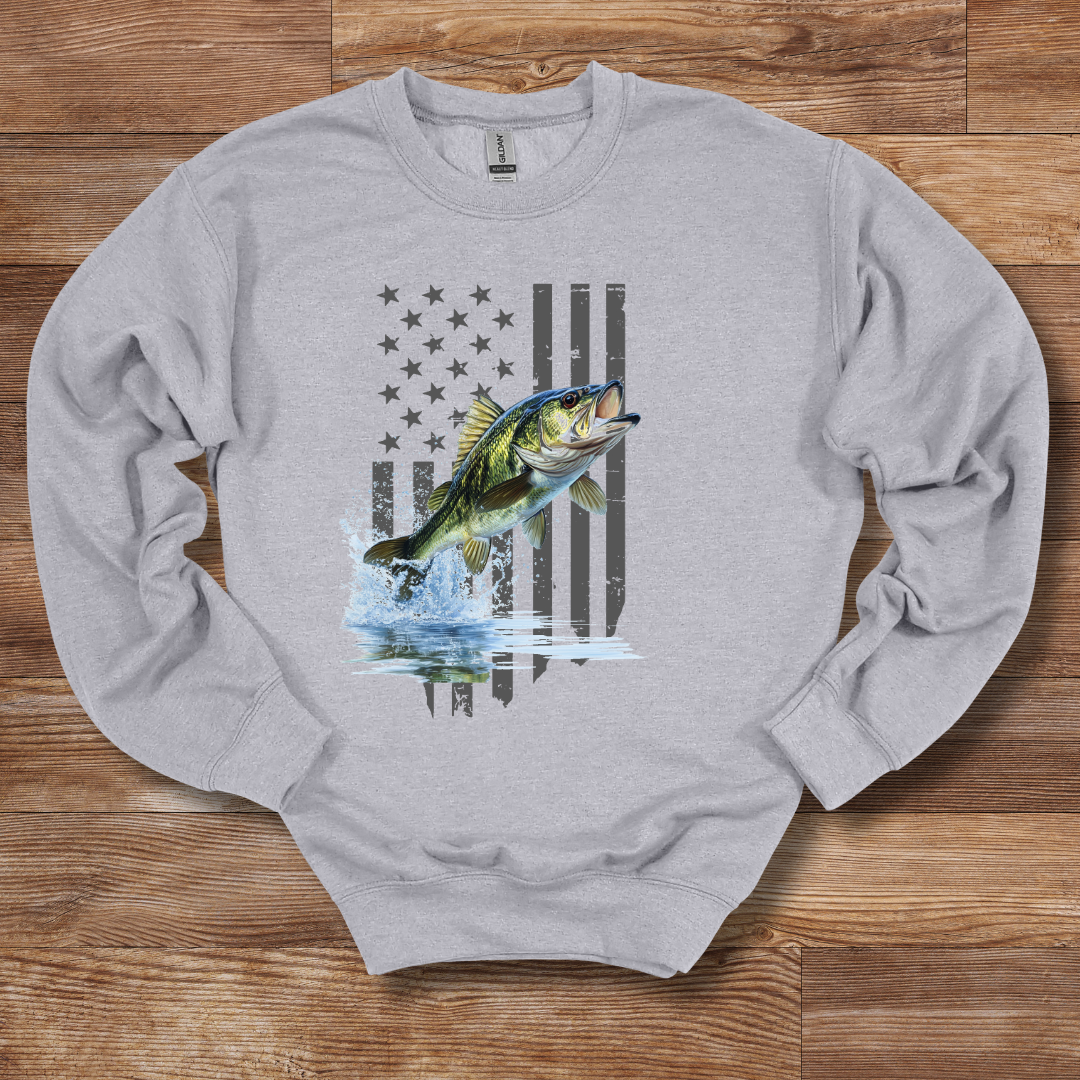 Largemouth Bass with Distressed Flag Sweatshirt | Fishing Shirt