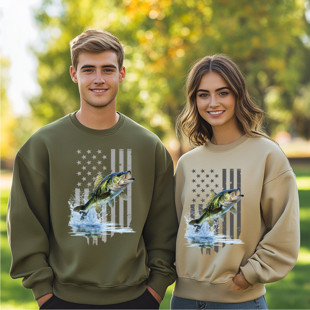 Largemouth Bass with Distressed Flag Sweatshirt | Fishing Shirt