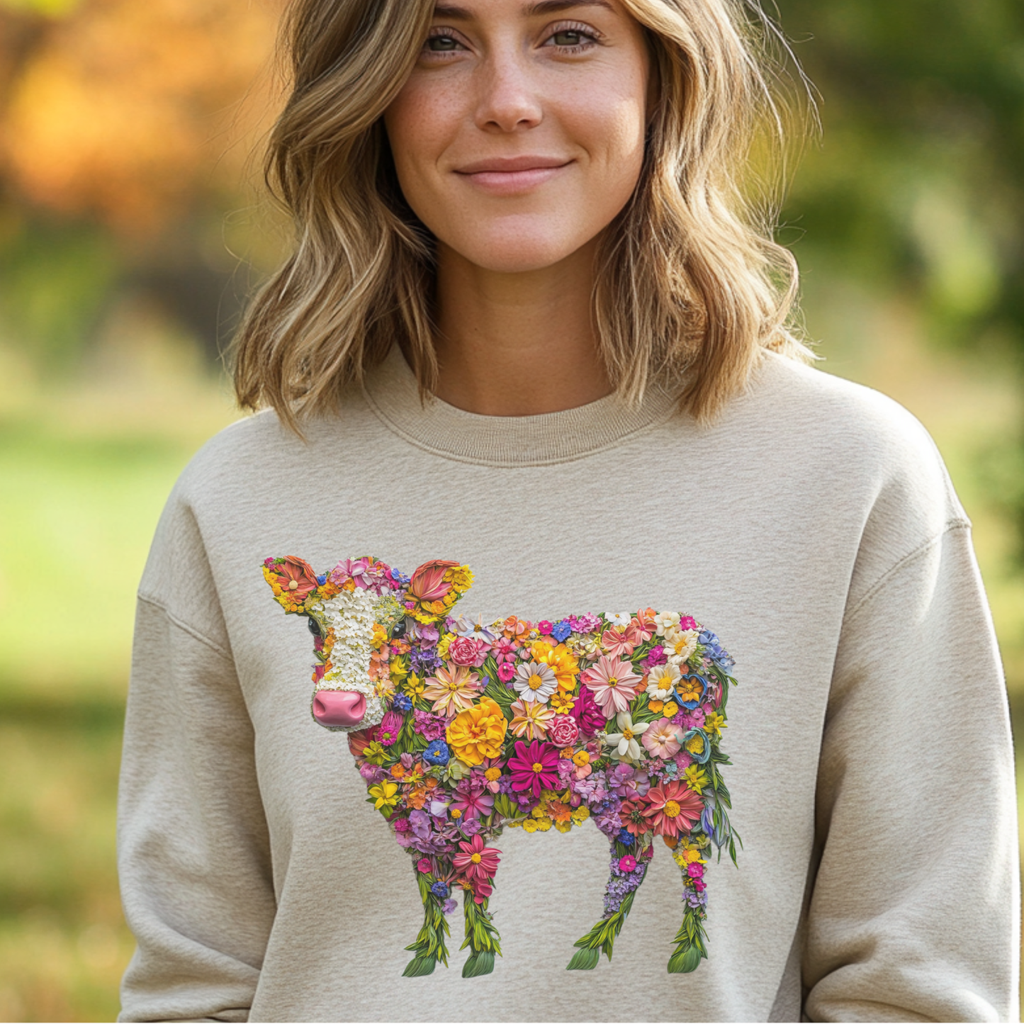 Person wearing a beige sweatshirt with a colorful cow design made of flowers outdoors.
