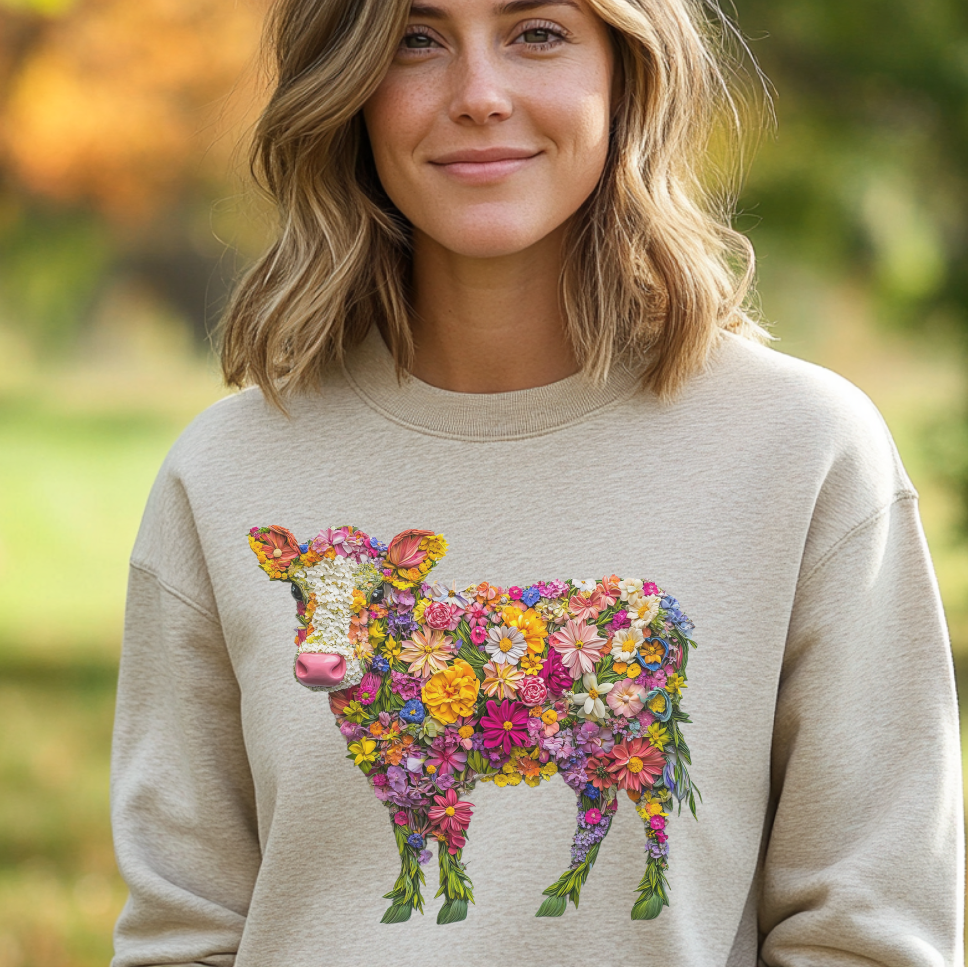 Person wearing a beige sweatshirt with a colorful cow design made of flowers outdoors.