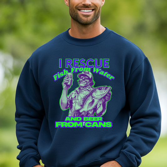 Man wearing a navy blue sweatshirt with a graphic and text in an outdoor setting