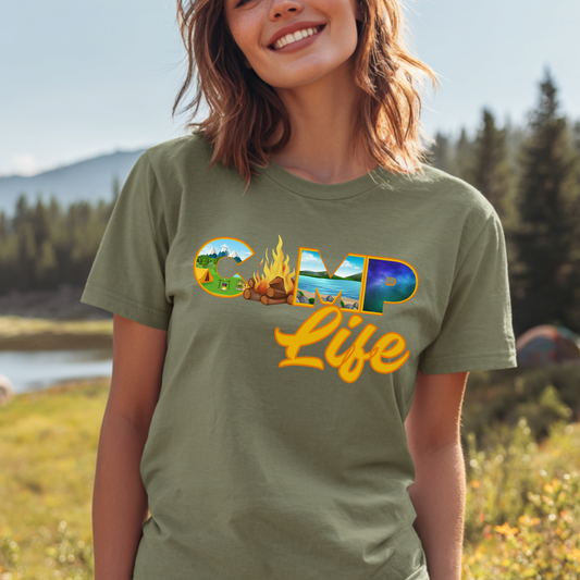 Person wearing a green t-shirt with 'Outdoor Life' design in a scenic outdoor setting