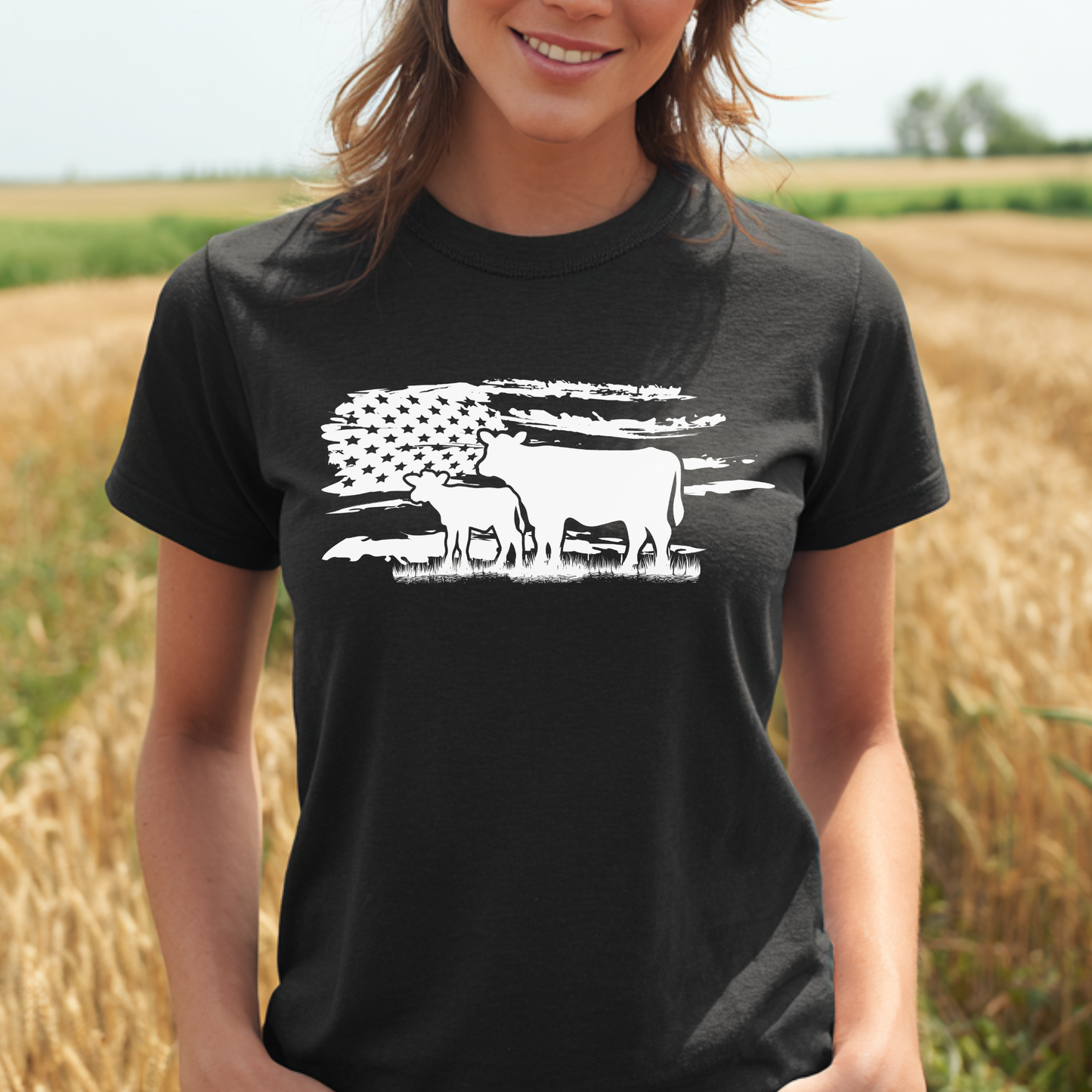 USA Cow Distressed Flag T-Shirt | Farmer Gift