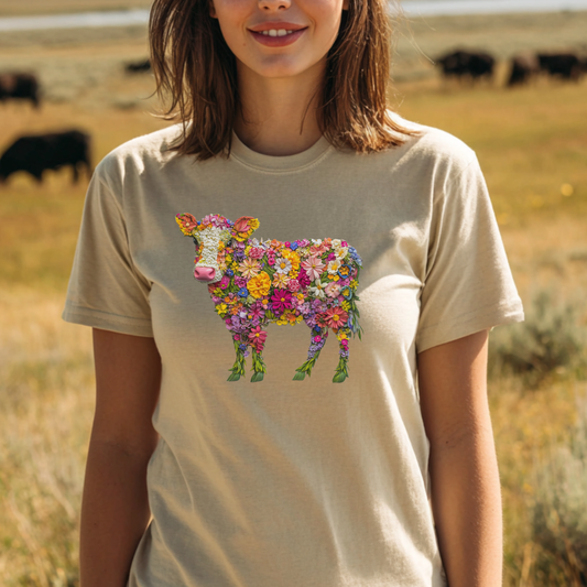 Person wearing a beige t-shirt with a colorful cow design in a field.