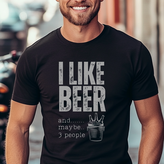 Man wearing a black t-shirt with 'I LIKE BEER and....... maybe... 3 people' text.
