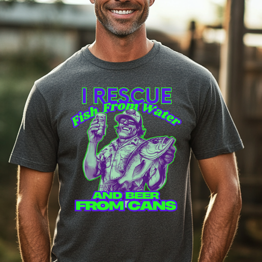 Man wearing a t-shirt with a graphic and text 'I Rescue Fish from Water and Beer from Cans'.