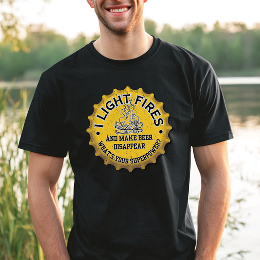 Person wearing a black t-shirt with a yellow graphic and text outdoors.