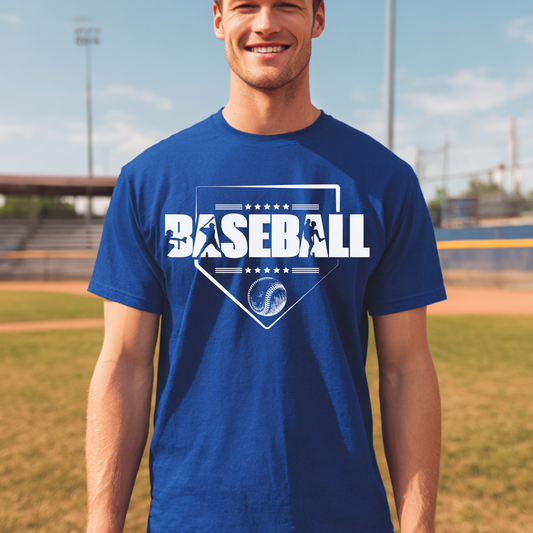 Man wearing a blue t-shirt with 'BASEBALL' printed on it, standing on a baseball field.