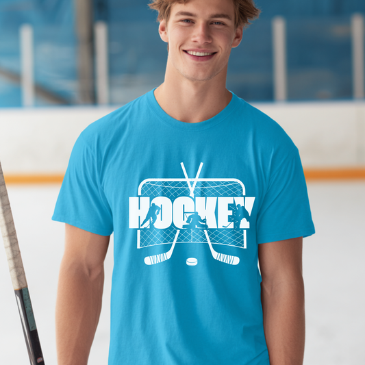Person wearing a blue t-shirt with a hockey design on an ice rink background