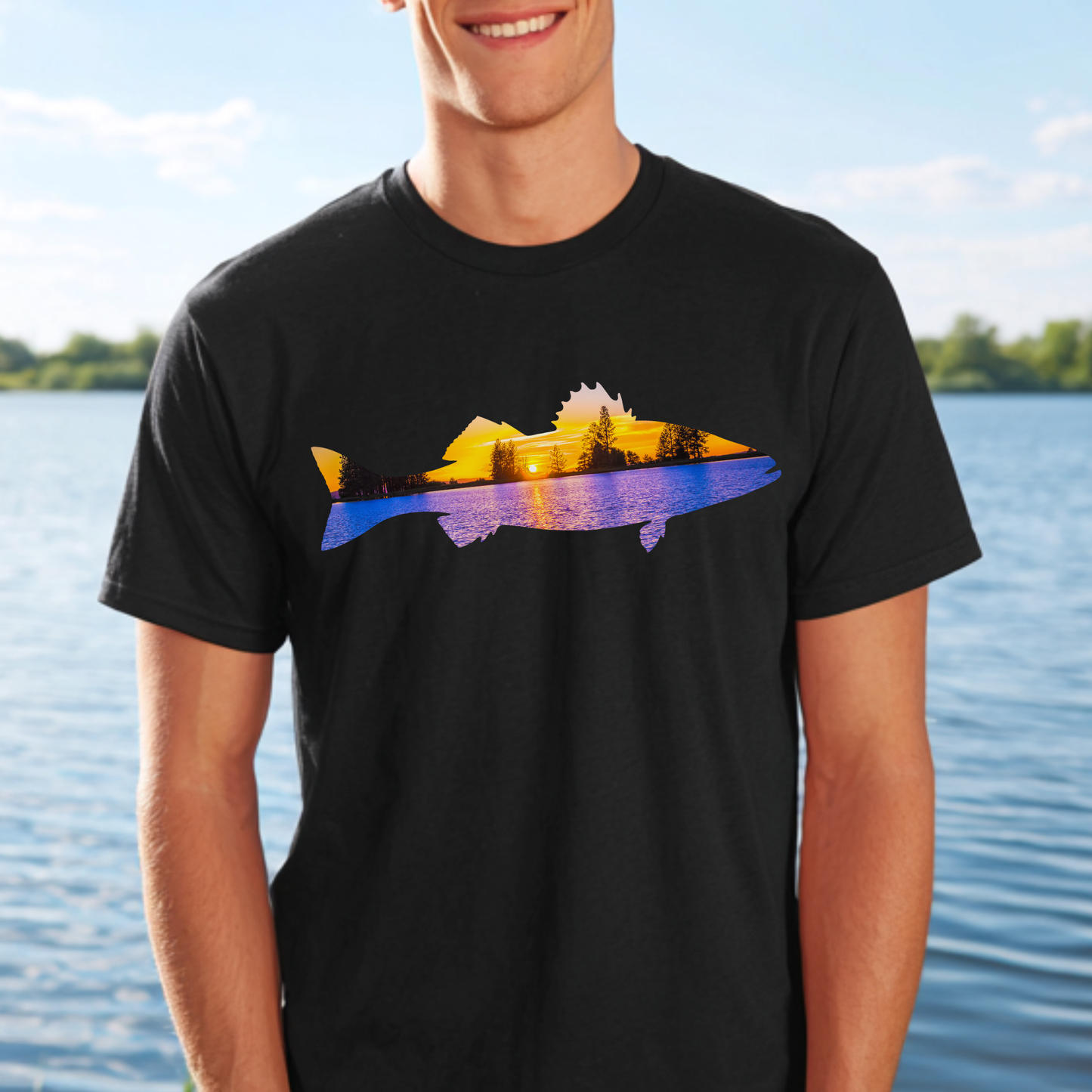 Person wearing a black t-shirt with a colorful mountain graphic, standing by a body of water.