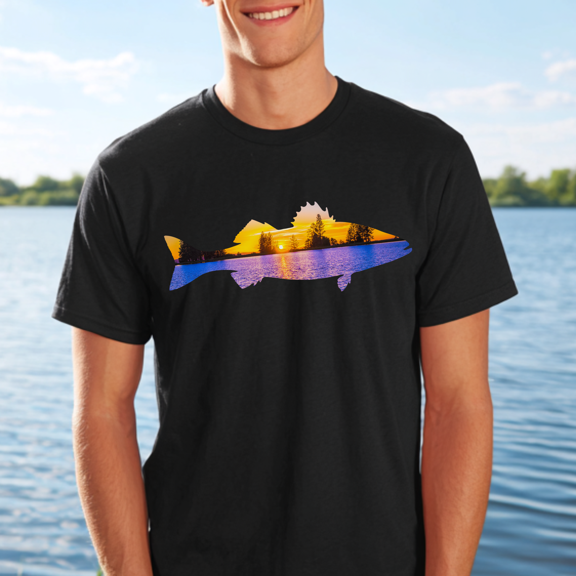 Person wearing a black t-shirt with a colorful mountain graphic, standing by a body of water.