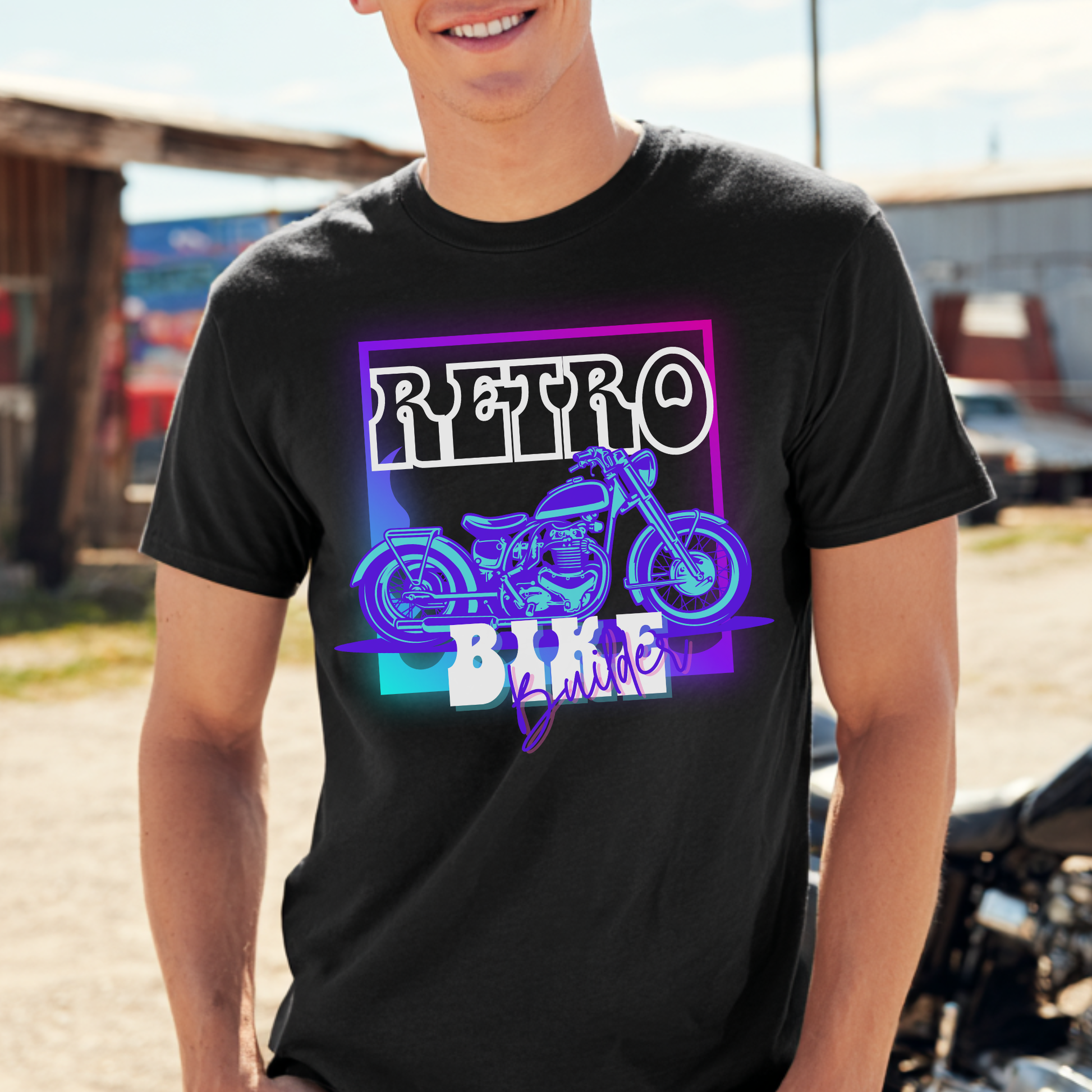 Person wearing a black t-shirt with a 'Retro Bike' graphic design.