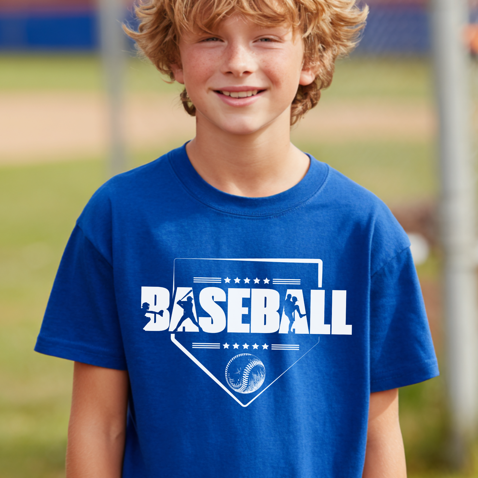 Child wearing a blue t-shirt with 'BASEBALL' printed on it, standing on a baseball field.