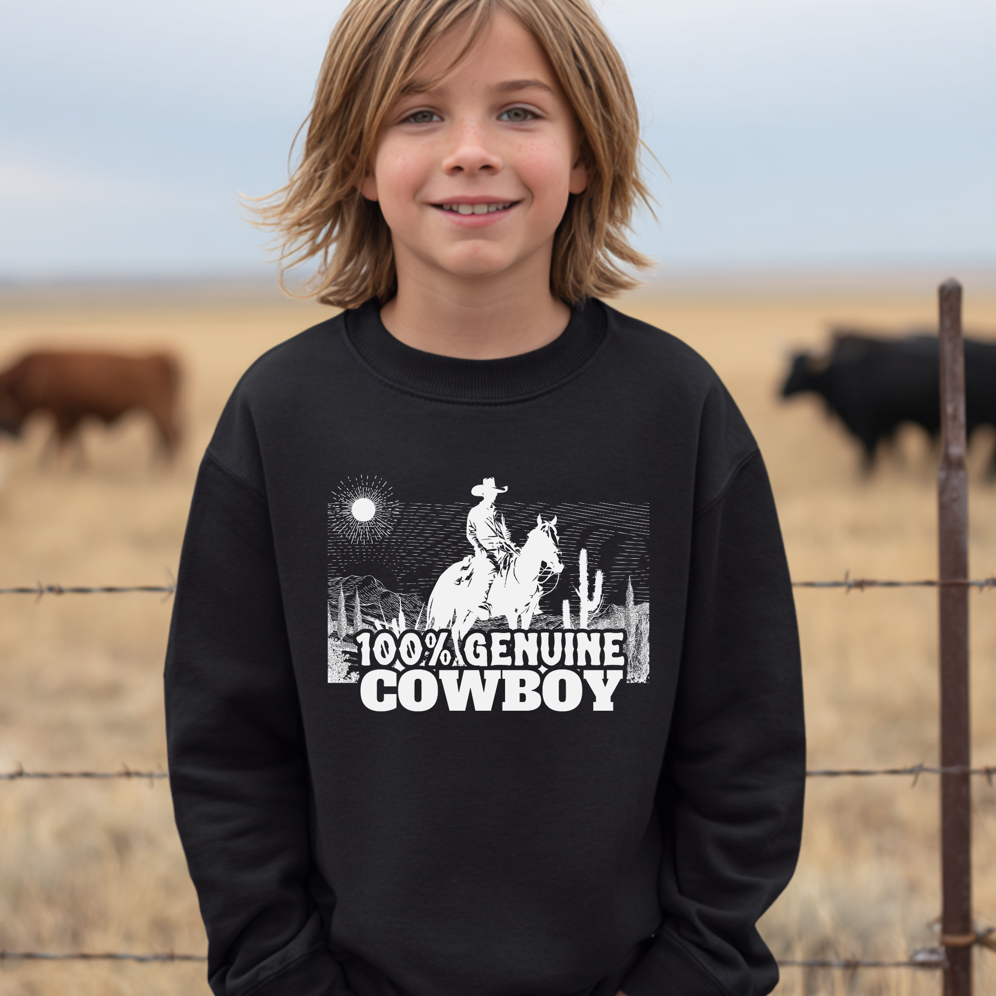 Child wearing a black sweatshirt with a cowboy graphic and text, standing in front of a barbed wire fence with cows in the background.