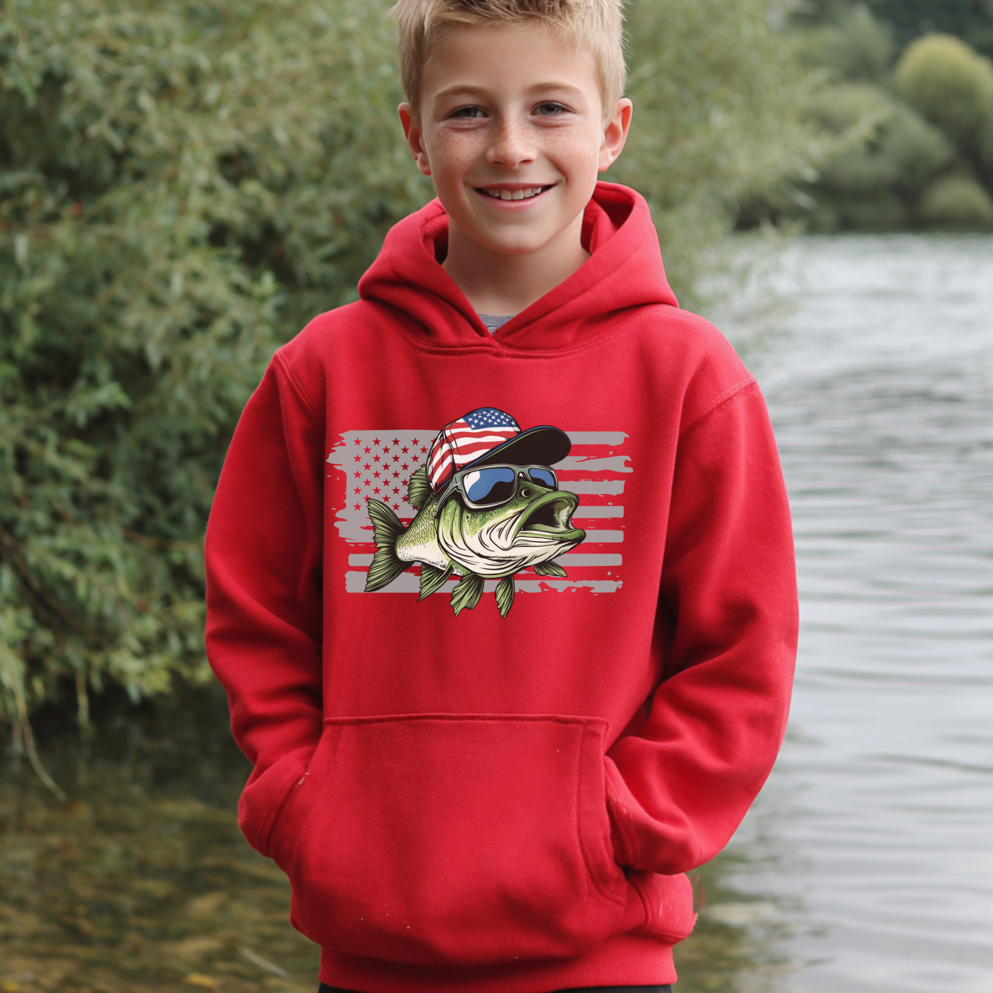 Child wearing a red hoodie with a fish graphic and American flag sunglasses, standing outdoors.