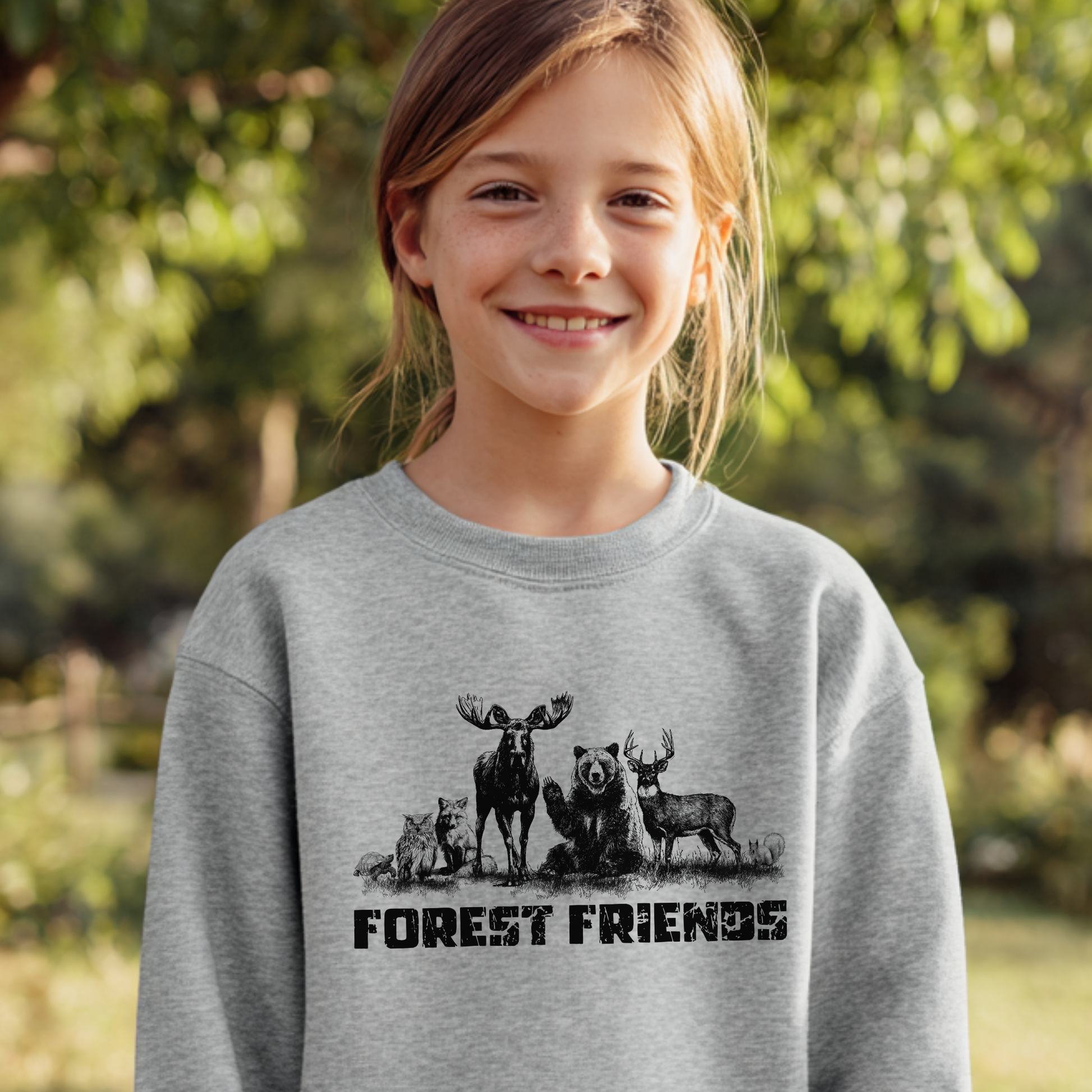 Child wearing a gray sweatshirt with 'Forest Friends' design outdoors