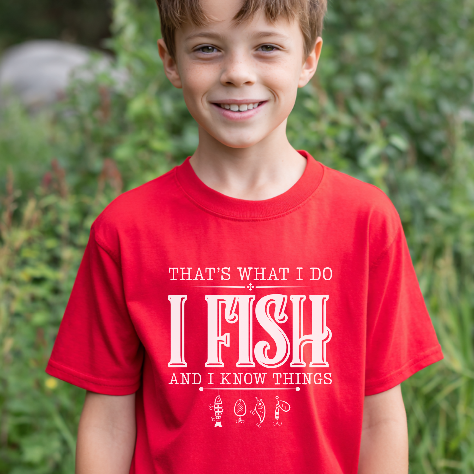 Child wearing a red t-shirt with text and fishing-related graphics outdoors.