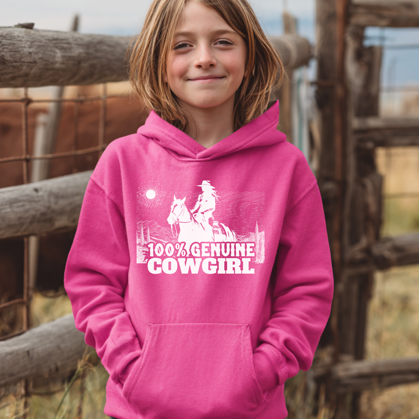 Young girl wearing a pink hoodie with a cowgirl design and text, standing in front of a wooden fence.