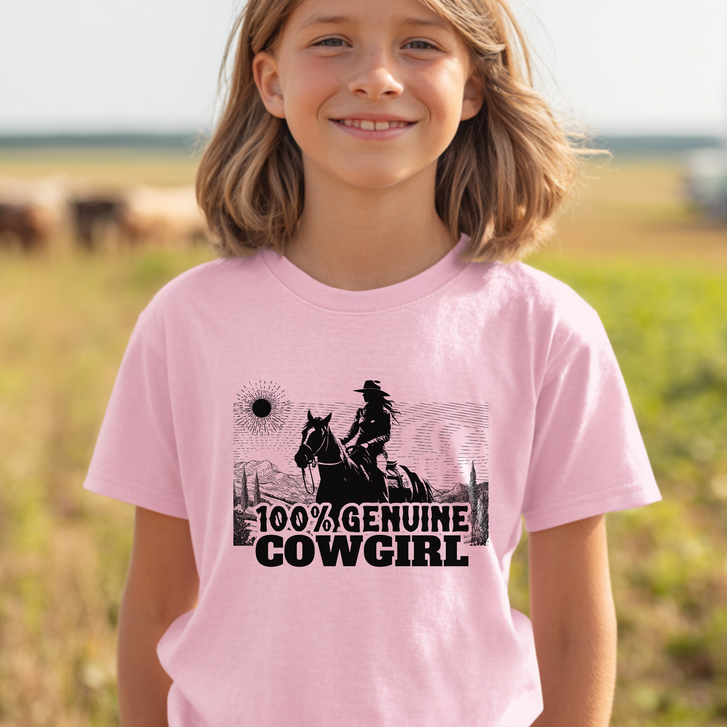 Young girl wearing a pink t-shirt with a cowgirl graphic and text in an outdoor setting.
