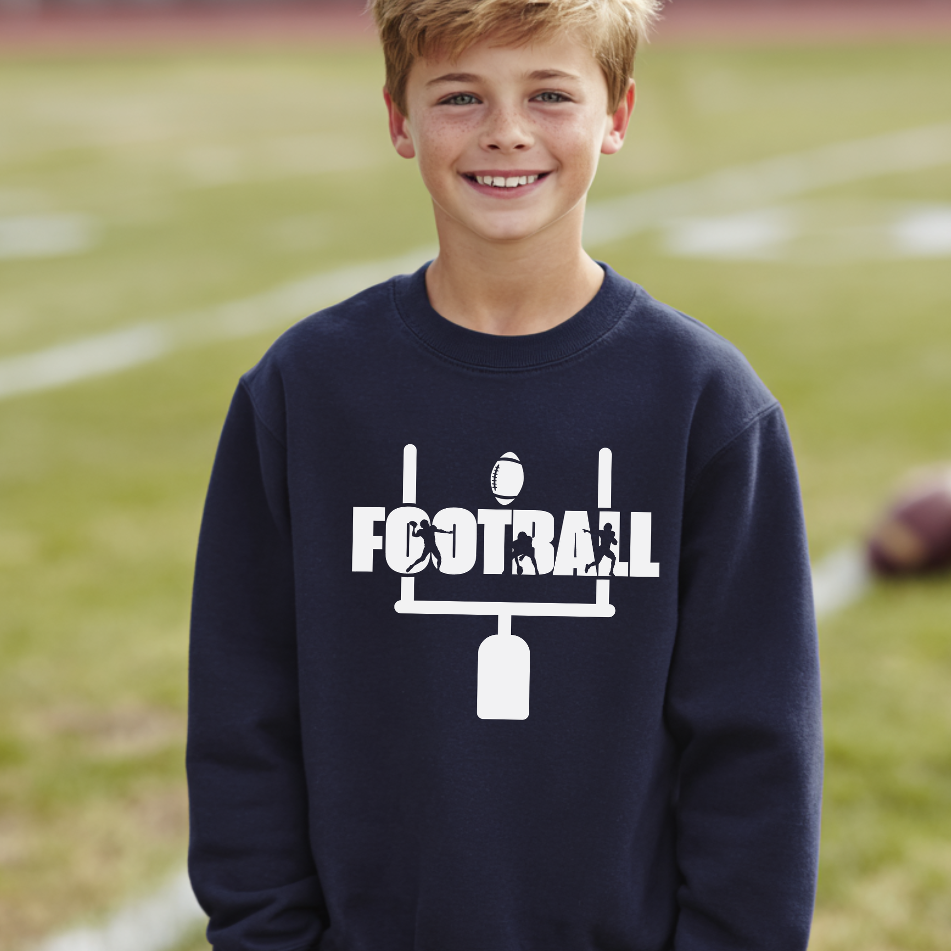Young boy wearing a navy blue sweatshirt with 'FOOTBALL' design on a grassy field background