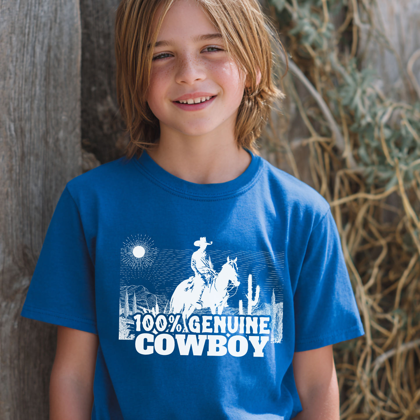 Child wearing a blue t-shirt with a cowboy graphic and text, standing outdoors.
